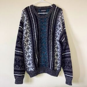 Mens size large vintage sweater Crewneck Expressions black white teal 90s EUC